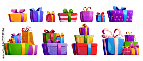 Gift box piles. Colorful wrapped present packages with bows and ribbons - single items and stacked heaps. Cartoon festive parcels decorated with stars, striped patterns for celebration, holiday design