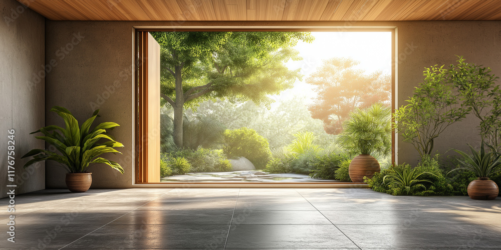 Fototapeta premium Sunlit interior with open doorway overlooking lush garden tranquil space modern design natural serenity indoor-outdoor harmony
