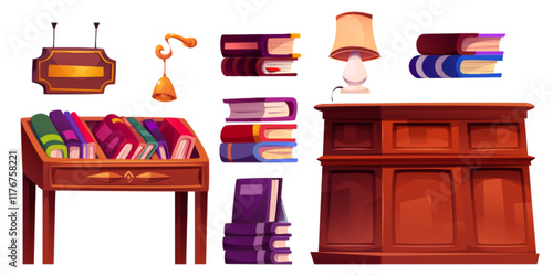 Bookstore interior elements set - wooden display table with books, hanging signboard, decorative table lamp, stacked literature, vintage cabinet. Library furniture collection for reading room design.