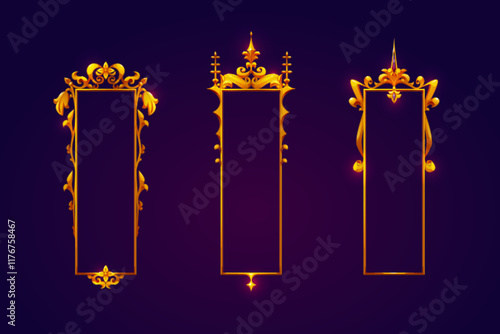 Medieval vertical game frames collection - golden ornamental borders with royal design with elegant swirls, floral patterns, decorative spires . Luxury interface elements for fantasy RPG titles.