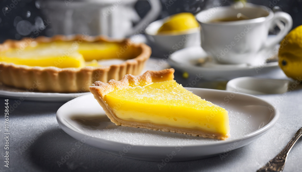 Slice of lemon pie sits on a white plate on a table Slice of lemon pie sits on a white plate on a table