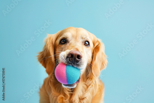 Happy dog with an orange ball in mouth, staring at the camera with a playful and curious look.