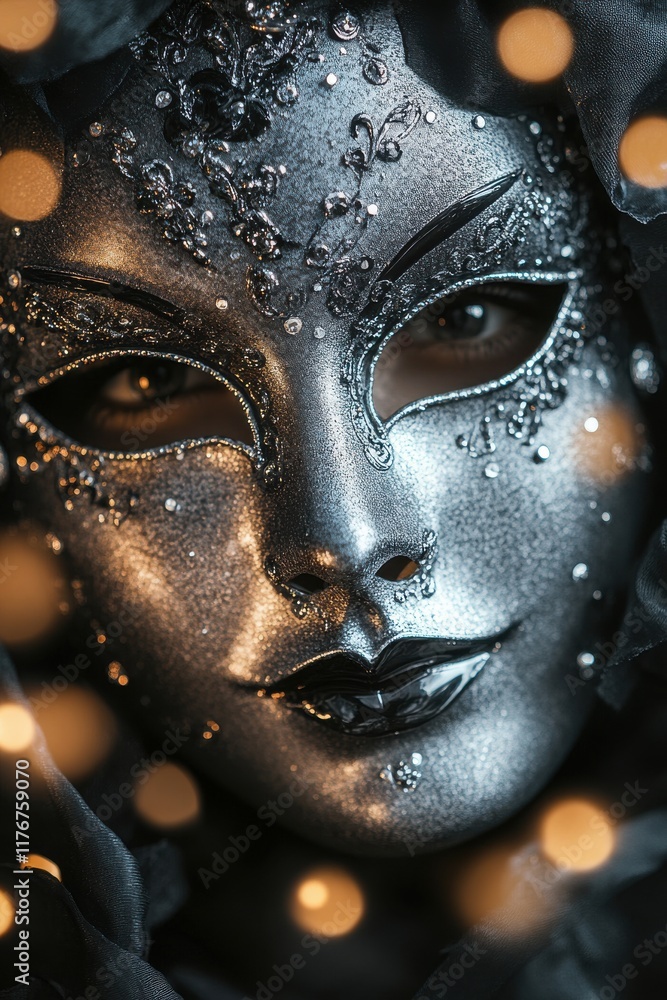 A captivating silver masquerade mask adorned with intricate details and sparkling jewels. A captivating silver masquerade mask adorned with intricate details and sparkling jewels.