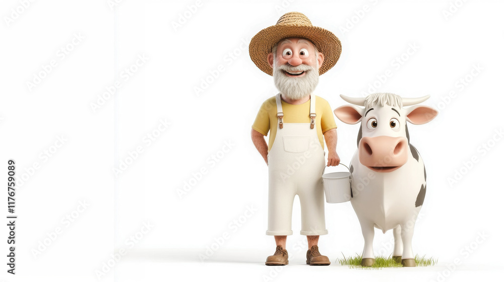Naklejka premium 3D figure of a farmer - a smiling bearded man in a white canvas overalls with a bucket of milk in his hand next to a happy cow, white neutral background