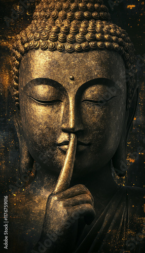 Buddha with finger on lips on dark background with golden glow.