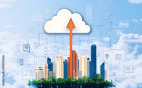 A digital cityscape with an arrow pointing up and to the right, symbolizing growth in cloud technology tech symbols like cables or data streams  photo