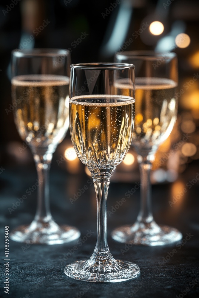 Three elegant champagne glasses filled with sparkling golden bubbles, exuding a festive atmosphere. Three elegant champagne glasses filled with sparkling golden bubbles, exuding a festive atmosphere.