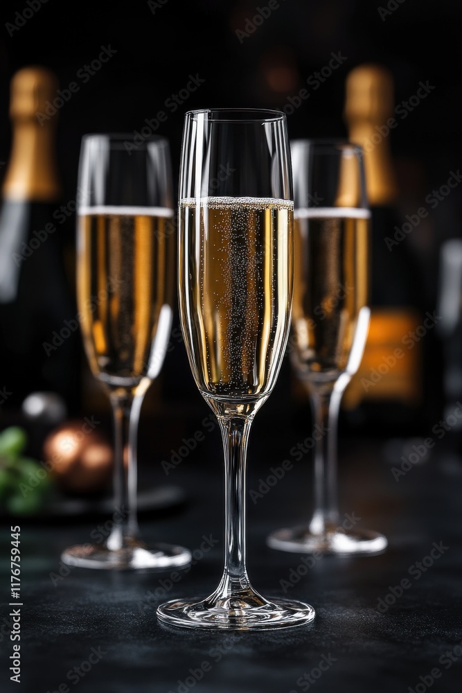 Elegant champagne flutes filled with bubbly, set against a dark backdrop, creating a festive atmosphere. Elegant champagne flutes filled with bubbly, set against a dark backdrop, creating a festive atmosphere.