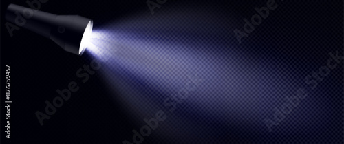 Flashlight beam effect with black metallic torch emitting bright luminous ray on dark transparent background. Realistic searchlight illumination with light glow cone for night scene spotlight overlay.