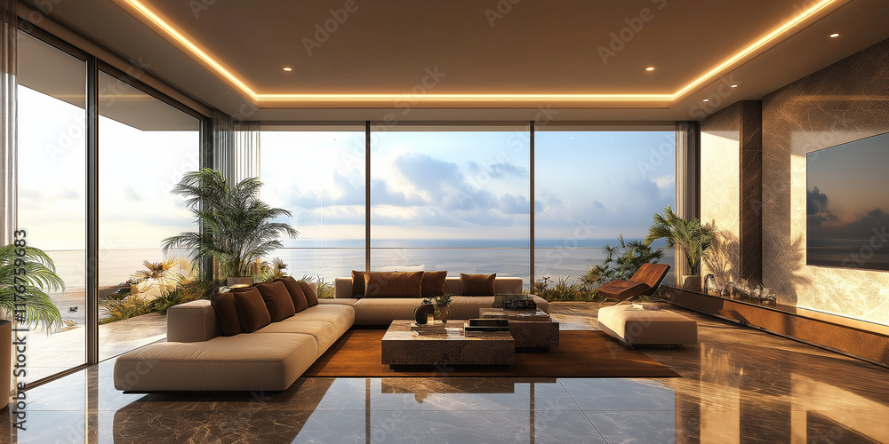 Fototapeta premium Stunning modern living room interior view overlooking the ocean at sunset luxury home design tranquil environment captivating perspective