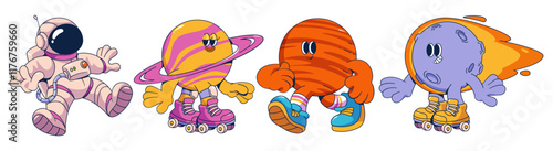 Groovy astronaut and planets isolated on white background. Contemporary vector cartoon illustration of man floating in spacesuit and helmet, cute moon, mars and saturn globes smiling, rollerblading