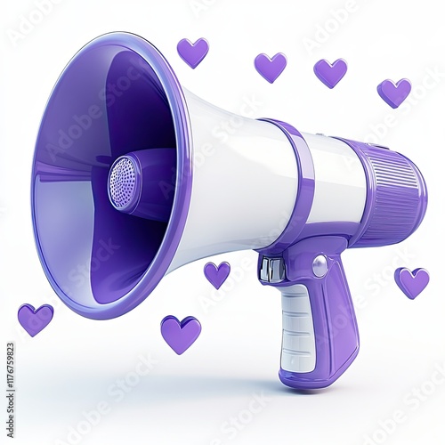 Purple Megaphone with Floating Heart Icons, A modern purple and white megaphone surrounded by floating heart icons, symbolizing love, communication, announcements, and social media engagement.


