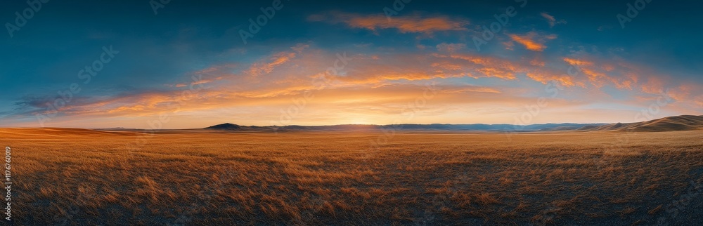 Panoramic sunset over a vast golden field. Panoramic sunset over a vast golden field.