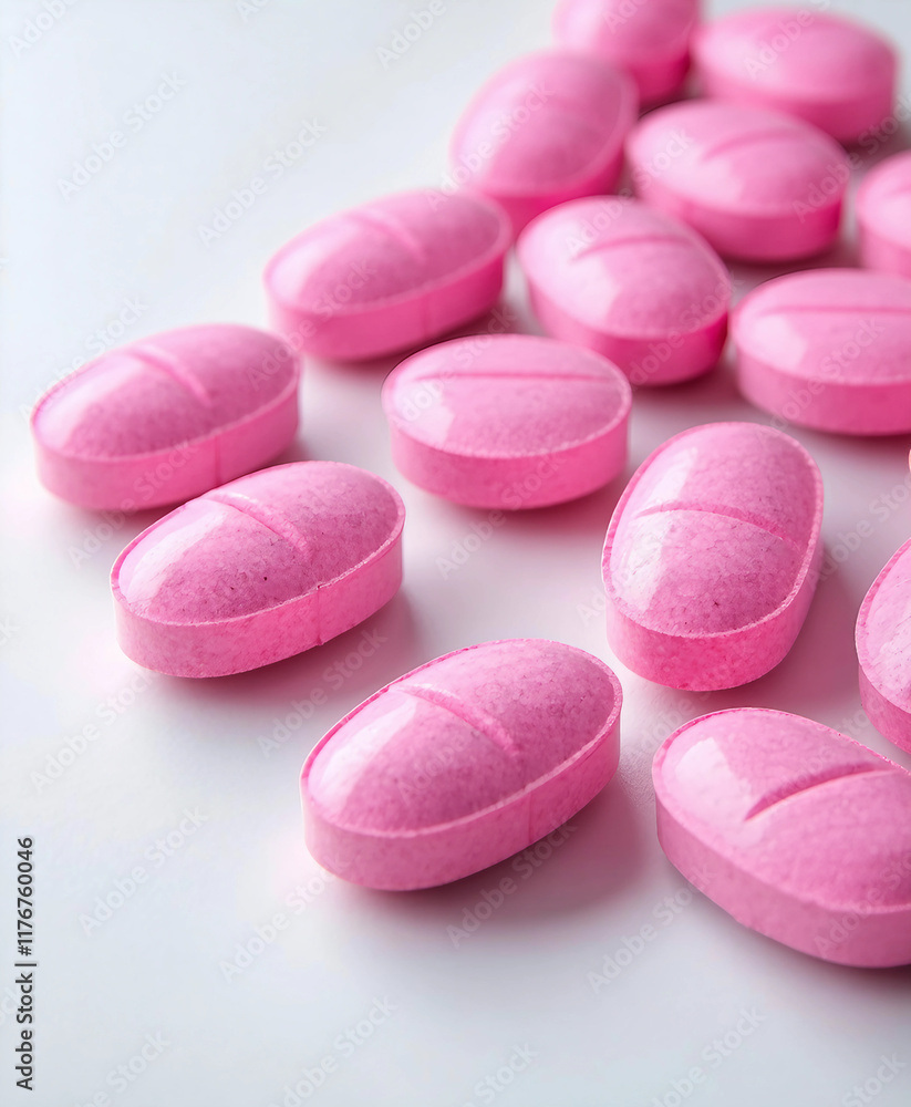 Close up top view of oval shaped bright pink pills on a white background. with copy space image Close up top view of oval shaped bright pink pills on a white background. with copy space image