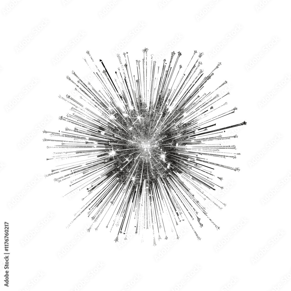 Fototapeta premium Silver glitter starburst with fine detailing, resembling a dazzl