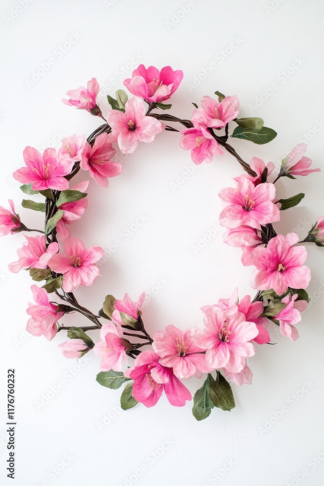 A beautiful pink floral wreath made of artificial blossoms and leaves, perfect for home decor. A beautiful pink floral wreath made of artificial blossoms and leaves, perfect for home decor.