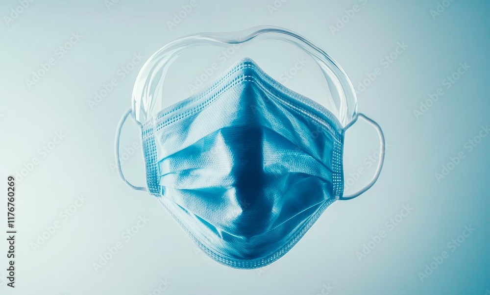 Face mask with transparent shield, isolated on light blue background. Face mask with transparent shield, isolated on light blue background.