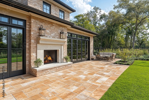 Exterior patio with red brick pavers  white stone fireplace  and sliding glass doors leading to an outdoor living space. Light brown bricks contrast with green grass and decorative metal accents.