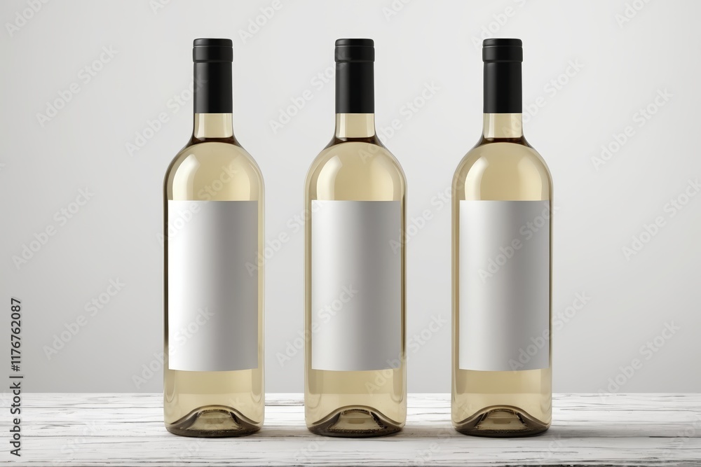 three bottles of white wine with a blank label on a table three bottles of white wine with a blank label on a table