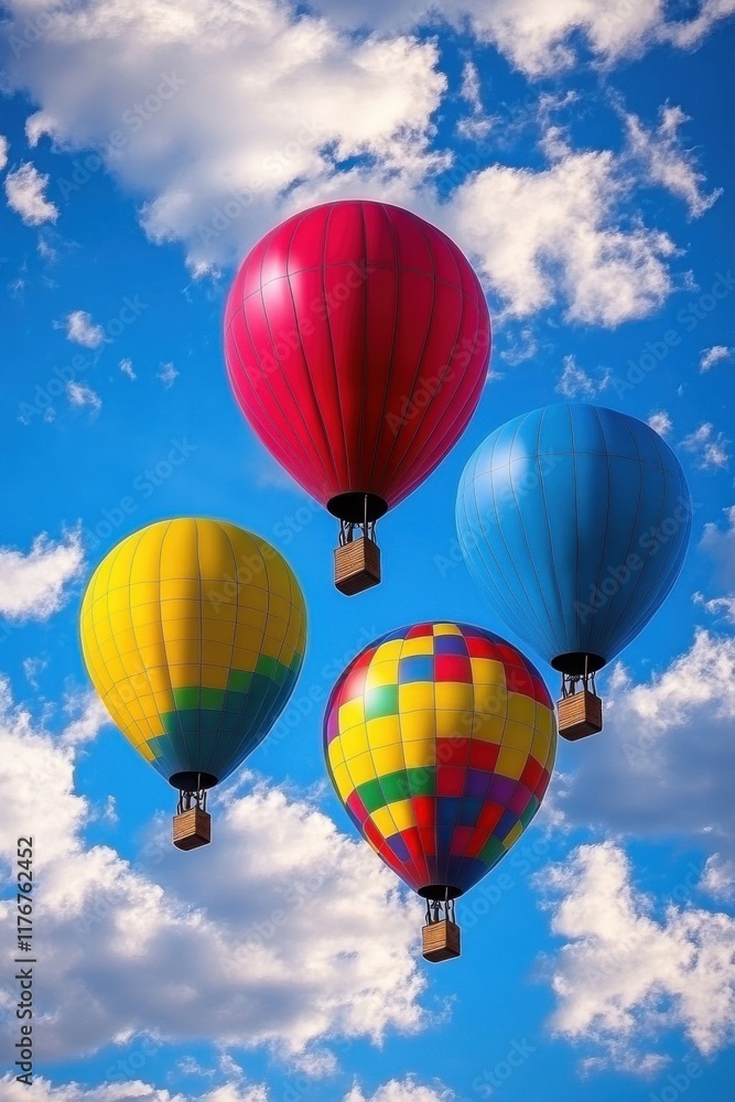 Four colorful hot air balloons floating gracefully in a bright blue sky with fluffy clouds. Four colorful hot air balloons floating gracefully in a bright blue sky with fluffy clouds.