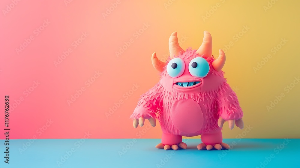 Children toy pink monster isolated on brightly colored studio backdrop Children toy pink monster isolated on brightly colored studio backdrop