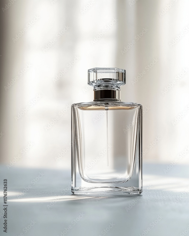 Elegant transparent perfume bottle illuminated by soft natural light. Elegant transparent perfume bottle illuminated by soft natural light.