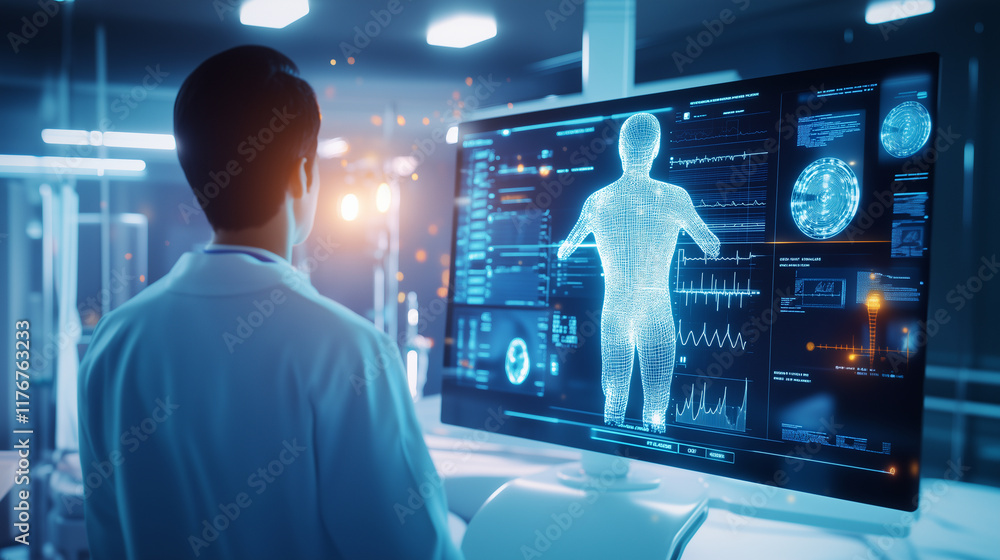 A futuristic hospital room where AI-powered diagnostic systems analyze a patient's health data. Holographic displays show medical imagery and AI predictions, while a doctor consult A futuristic hospital room where AI-powered diagnostic systems analyze a patient's health data. Holographic displays show medical imagery and AI predictions, while a doctor consult