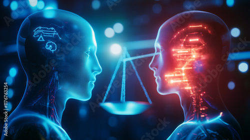 A conceptual scene featuring two sides of artificial intelligence: one glowing and benevolent, the other shadowy and menacing. The center of the image shows a scale balancing these photo