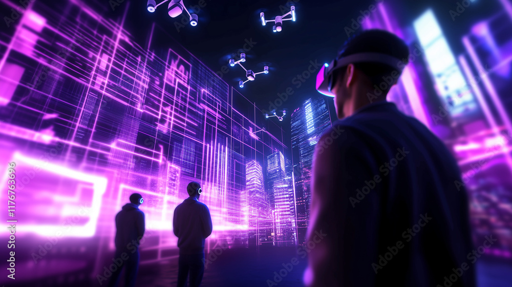 An urban innovation hub: a team of young developers testing VR headsets connected to a smart city grid, with drones flying and digital panels showcasing real-time analytics. An urban innovation hub: a team of young developers testing VR headsets connected to a smart city grid, with drones flying and digital panels showcasing real-time analytics.