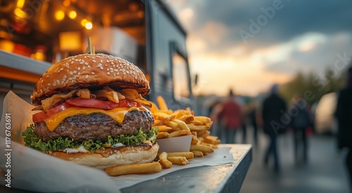  food truck with a large burger and fries on the table