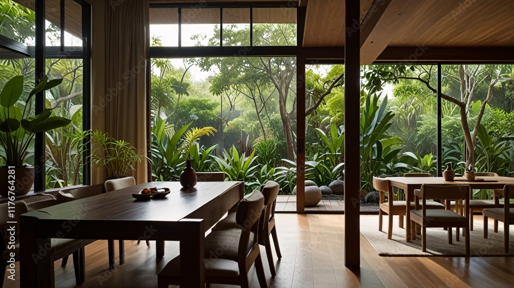 Fototapeta premium Modern Dining Room with Tropical Garden View and Zen Ambiance V8