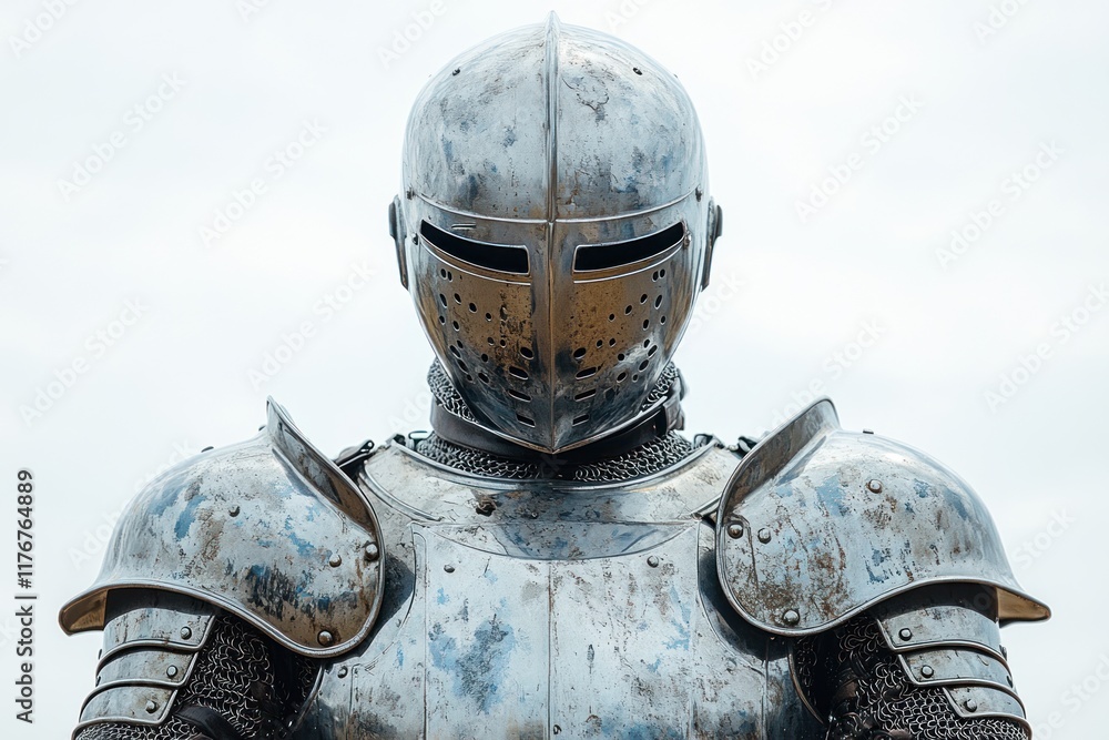Weathered knight's armor, helmet, and chainmail. Weathered knight's armor, helmet, and chainmail.