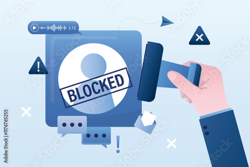 Blocked user or account in network. Restricted and prohibition forbidden access. blocking disturbing and annoying accounts on social media. Hand uses seal and puts stamp - blocked
