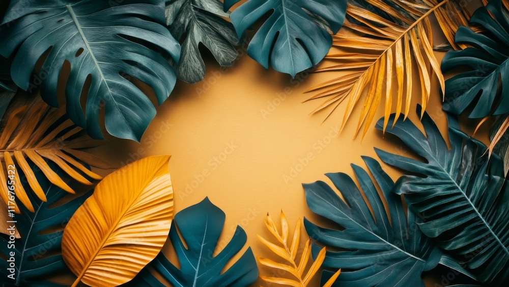 Tropical leaves in vibrant colors arranged on a warm background Tropical leaves in vibrant colors arranged on a warm background