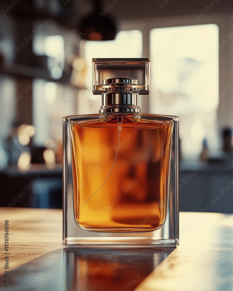 Elegant glass perfume bottle with a rich amber liquid, beautifully lit in a warm, inviting space. Elegant glass perfume bottle with a rich amber liquid, beautifully lit in a warm, inviting space.