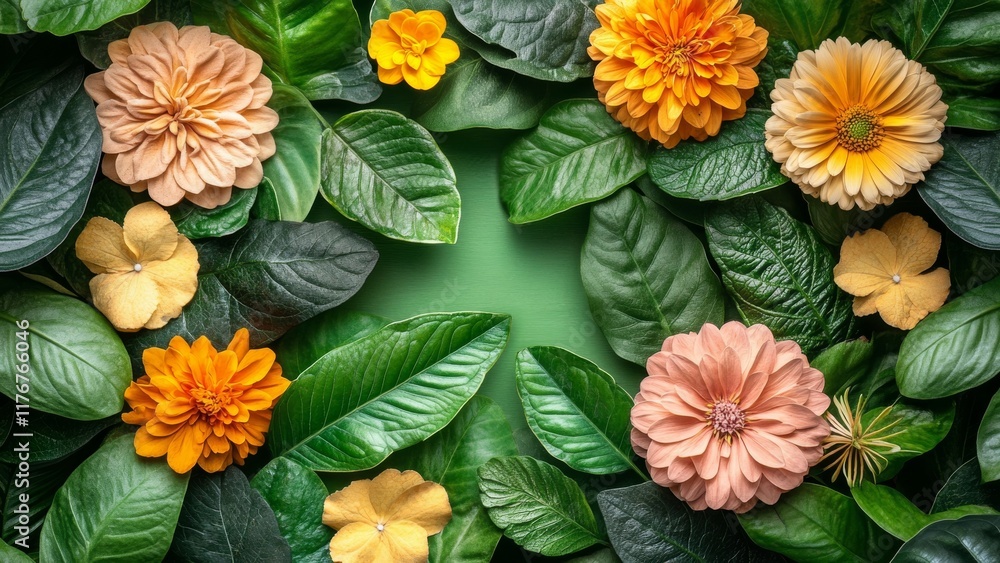 custom made wallpaper toronto digitalVibrant zinnia and leaf arrangement on a green background