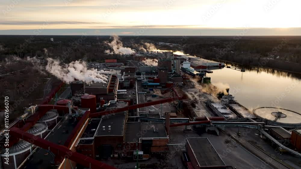 Pulp and paper mill releasing steam at sunset