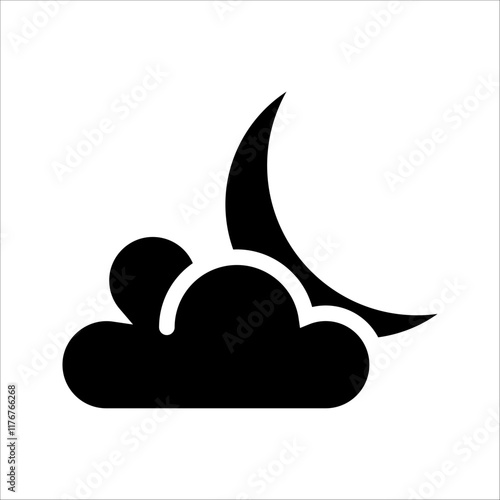 Simple weather icon with half moon or waning crescent moon in a cloudy sky. Night time symbol in line art style. Linear flat vector illustration