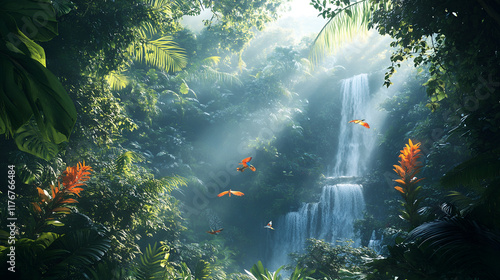 Tropical Paradise: A Vibrant Waterfall with Colorful Fish in a Lush Jungle Setting photo