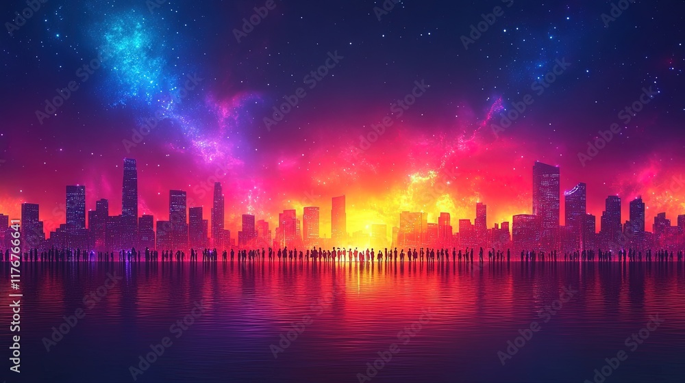 A vibrant city skyline at sunset with silhouettes of people along a reflective water surface. A vibrant city skyline at sunset with silhouettes of people along a reflective water surface.