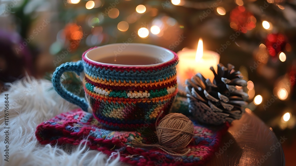 House on a warm the cold morning candles presents crocheted pattern and hot tea in a cup House on a warm the cold morning candles presents crocheted pattern and hot tea in a cup
