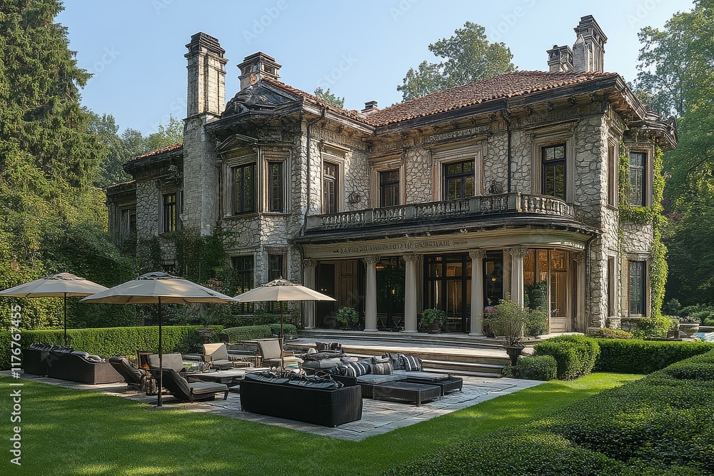 Obraz premium Elegant outdoor lounge area with umbrellas and lawn chairs in front of a stone building, surrounded by lush greenery and hedges in a spacious backyard.