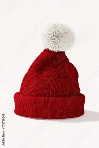 A vibrant red knitted beanie with a fluffy white pom-pom on top, perfect for winter fashion. photo