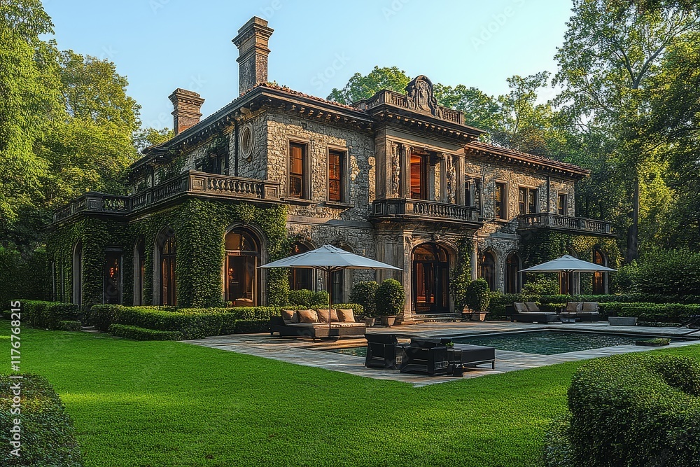 Obraz premium Elegant outdoor lounge area with umbrellas and lawn chairs in front of a stone building, surrounded by lush greenery and hedges in a spacious backyard.