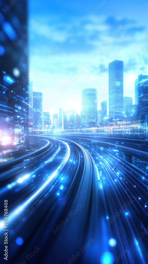 Fototapeta premium Futuristic cityscape with glowing lights and dynamic motion