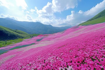 Leinwandbilder Rosa A picturesque scene of rolling hills covered in blooming pink tulips, showcasing the beauty of nature and providing a serene and tranquil atmosphere for relaxation.  © ChaoticMind