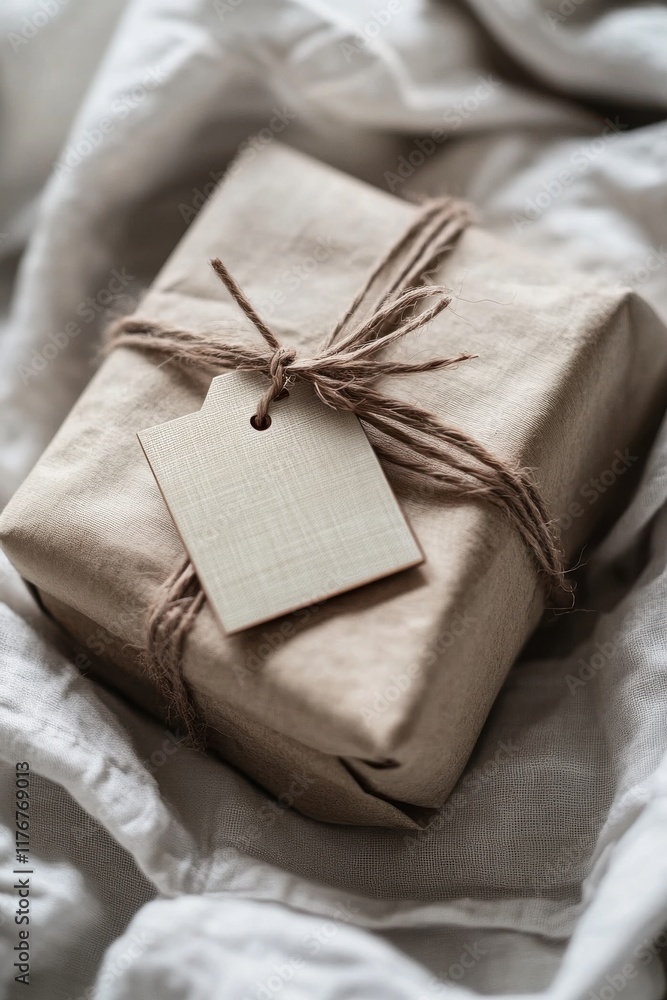 A beautifully wrapped gift with natural twine and a blank tag, resting on soft, crumpled fabric. A beautifully wrapped gift with natural twine and a blank tag, resting on soft, crumpled fabric.