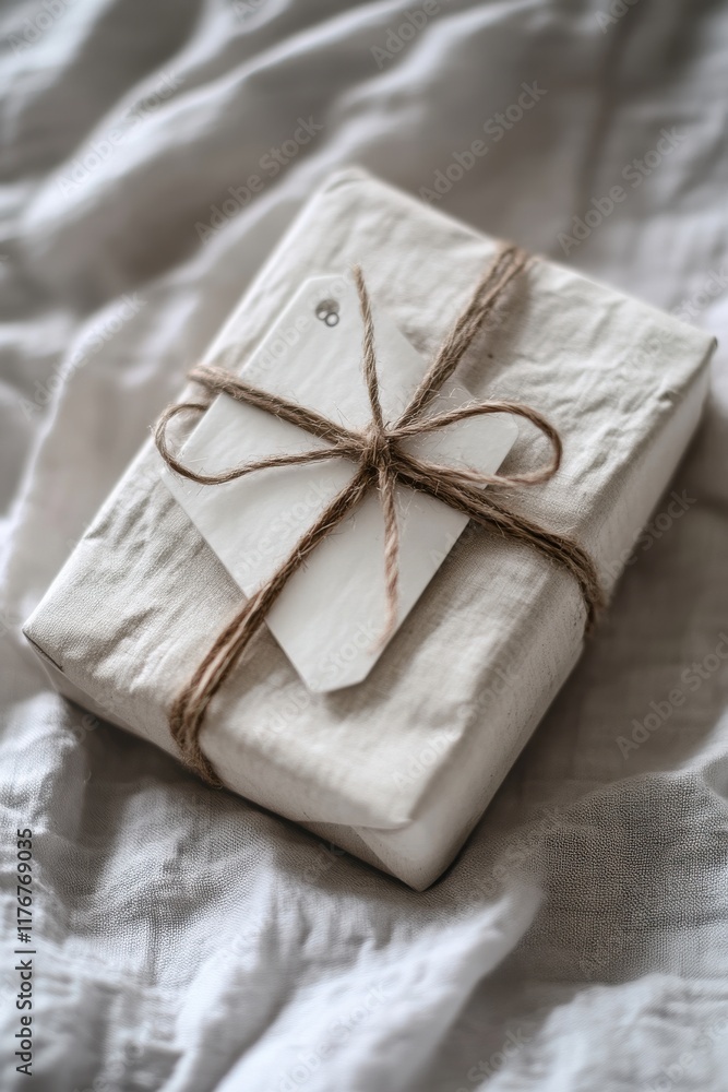 A beautifully wrapped gift in neutral tones, featuring natural twine and a blank tag for personalization. A beautifully wrapped gift in neutral tones, featuring natural twine and a blank tag for personalization.