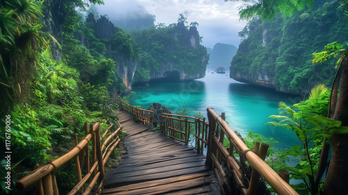 A wooden walkway leading to a teal bay, framed by lush vegetation