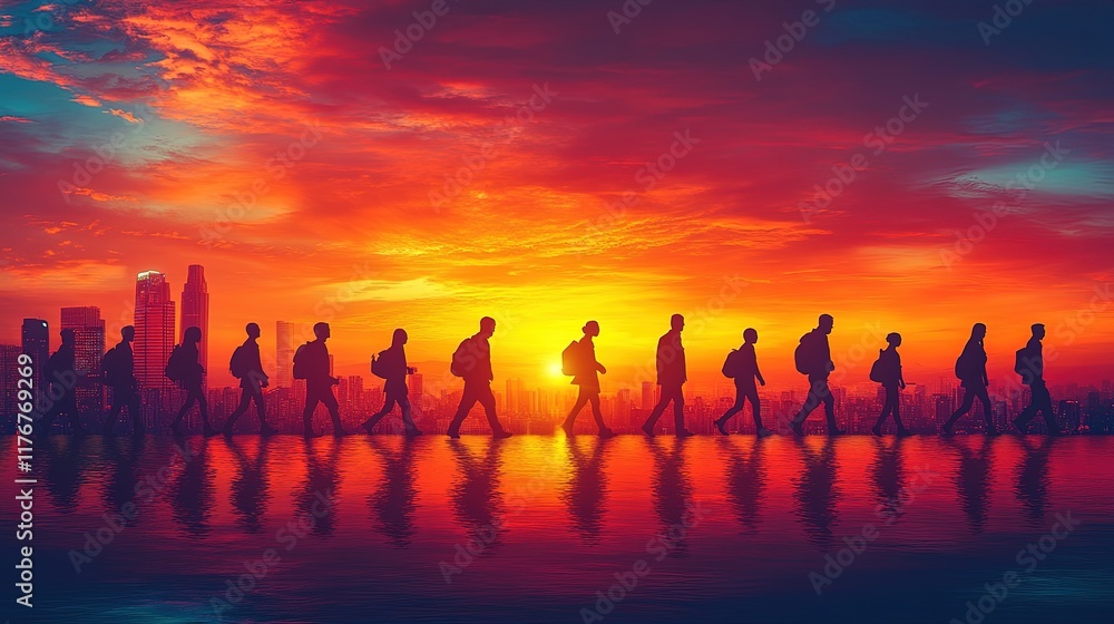 Silhouetted figures walking against a vibrant sunset skyline. Silhouetted figures walking against a vibrant sunset skyline.